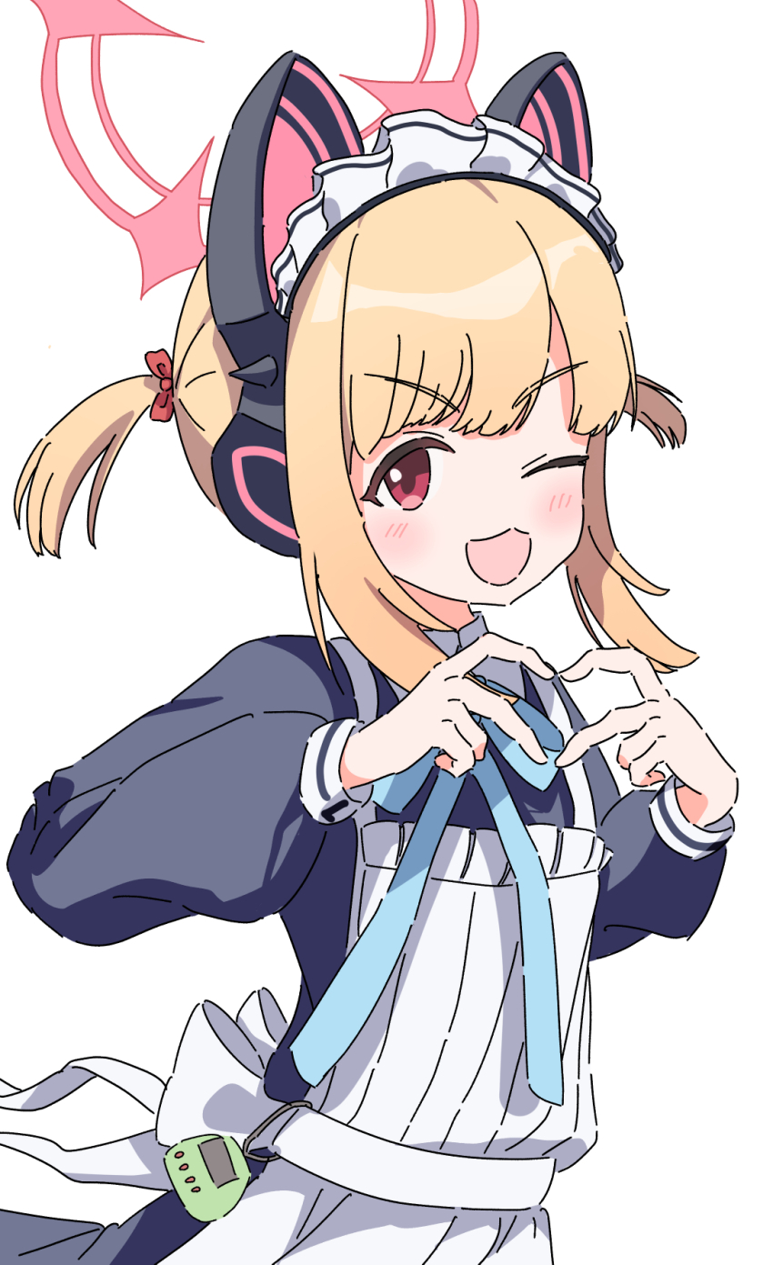 1girl ;d animal_ear_headphones animal_ears apron black_dress blonde_hair blue_archive blue_ribbon blunt_bangs blush bow cat_ear_headphones cat_ears commentary dress fake_animal_ears four-finger_heart_hands frilled_apron frills hair_bow hair_ornament halo headdress headphones heart heart_hands highres long_sidelocks long_sleeves looking_at_viewer maid maid_headdress momoi_(blue_archive) momoi_(maid)_(blue_archive) neck_ribbon nyan_(float_495) one_eye_closed open_mouth pink_halo red_bow red_eyes ribbon short_twintails sidelocks simple_background sleeve_cuffs smile solo twintails upper_body virtual_pet_(toy) white_apron white_background white_headdress