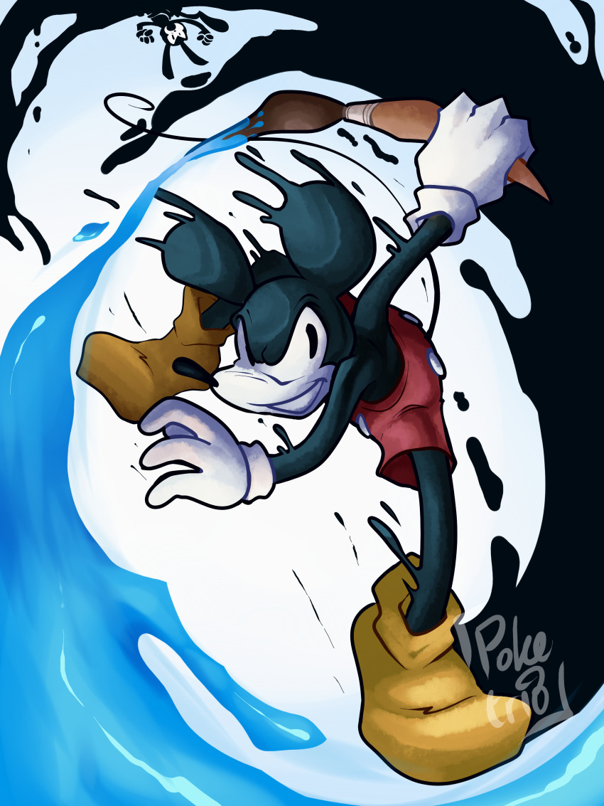 absurdres artist_name black_eyes boots epic_mickey highres holding holding_paintbrush mickey_mouse mickey_mouse_&amp;_friends oswald_the_lucky_rabbit paintbrush poketriodrawsstuff yellow_boots