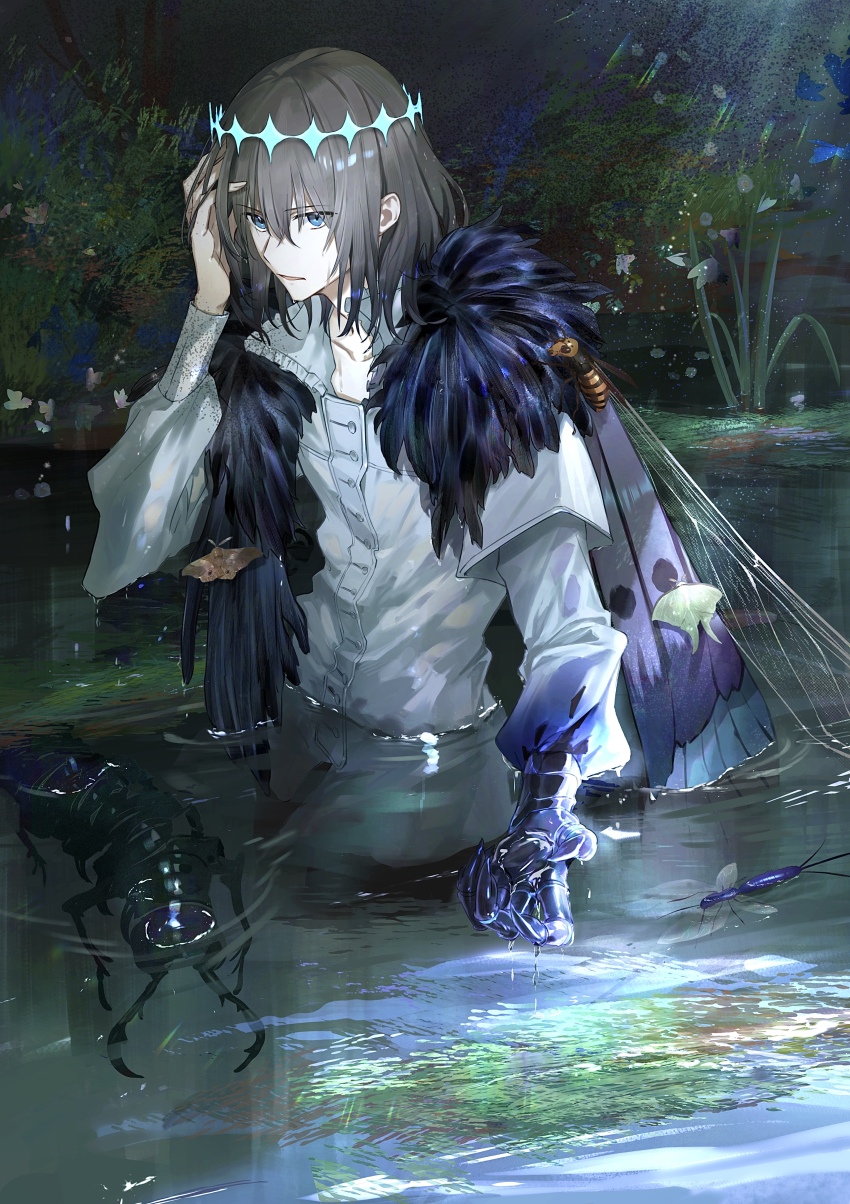 1boy absurdres arthropod_boy black_hair blue_eyes bug butterfly_wings cape centipede cloak collared_shirt commentary_request crown diamond_hairband dragonfly_wings fate/grand_order fate_(series) fur-trimmed_cape fur-trimmed_cloak fur_trim highres hoshi_rasuku insect insect_wings long_sleeves looking_at_viewer male_focus medium_hair moth oberon_(fate) oberon_(third_ascension)_(fate) official_alternate_hair_color revision shirt solo upper_body white_shirt wing_cape wings