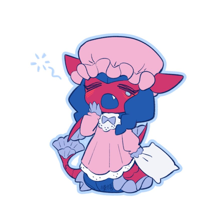 1girl blush chibi colored_skin confeito000_333 digimon digimon_(creature) dress fang full_body hat highres holding holding_pillow lamia lamiamon mob_cap monster_girl open_mouth pillow pink_dress pink_hat pink_skin simple_background single_tear sleepy solo white_background yawning