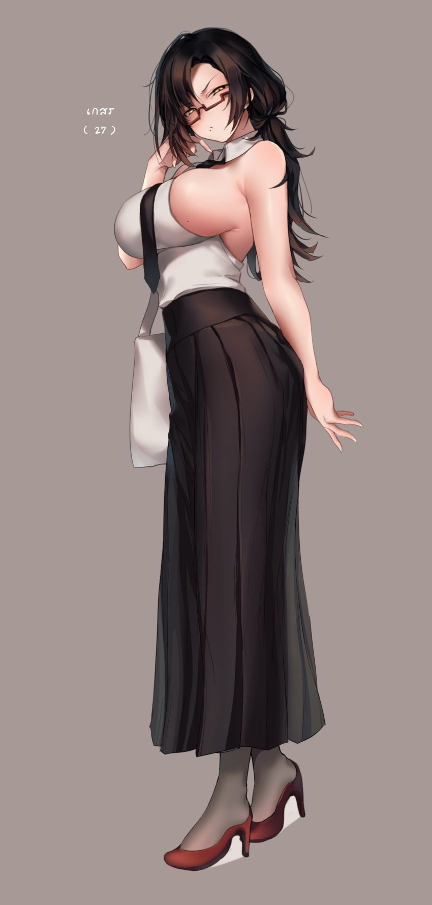 1girl absurdres allze bag bare_shoulders black_necktie breasts brown_hair brown_skirt collared_shirt full_body glasses handbag high_heels highres large_breasts long_hair mole mole_on_breast necktie original pantyhose red_footwear semi-rimless_eyewear shirt sideboob skirt sleeveless sleeveless_shirt white_shirt yellow_eyes