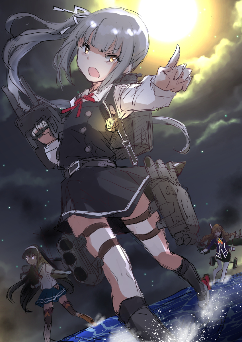 3girls ashigara_(kancolle) ashigara_kai_ni_(kancolle) black_dress blunt_bangs brown_eyes cloud dress fuji_(pixiv24804665) grey_hair grey_sky highres kantai_collection kasumi_(kancolle) kasumi_kai_ni_(kancolle) long_hair machinery multiple_girls night ooyodo_(kancolle) pinafore_dress pointing side_ponytail sky sleeveless sleeveless_dress solo_focus water
