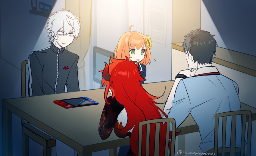 2boys 2girls ahoge black_hair black_jacket blank_eyes blue_jacket blue_shirt breasts chair dokuzuhonsha dola_(1st_costume)_(nijisanji) dola_(nijisanji) dragon_horns ear_piercing earrings flower green_eyes grey_hair grey_pants hair_between_eyes hair_flower hair_ornament highres honma_himawari honma_himawari_(1st_costume) horns indoors interlocked_fingers jacket jewelry kuzuha_(1st_costume)_(nijisanji) kuzuha_(nijisanji) large_breasts long_hair multiple_boys multiple_girls nijisanji ninahachi on_chair orange_hair own_hands_together pants piercing pointy_ears red_hair school_uniform shirt stud_earrings sunflower sunflower_hair_ornament table track_jacket turn_pale twitter_username v-shaped_eyebrows very_long_hair virtual_youtuber watch wristwatch yashiro_kizuku yashiro_kizuku_(1st_costume) yellow_flower