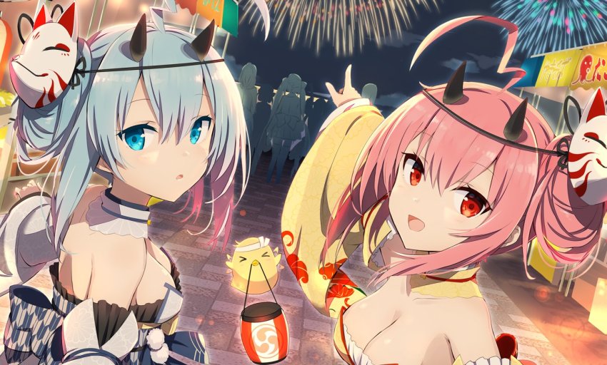 2girls ahoge azur_lane bare_shoulders blue_eyes blue_hair breasts cleavage collar gotyou hair_ornament horns ikazuchi_(azur_lane) inazuma_(azur_lane) japanese_clothes kimono long_hair long_sleeves looking_at_viewer medium_breasts multiple_girls official_art oni_horns open_mouth pink_hair pov red_eyes smile