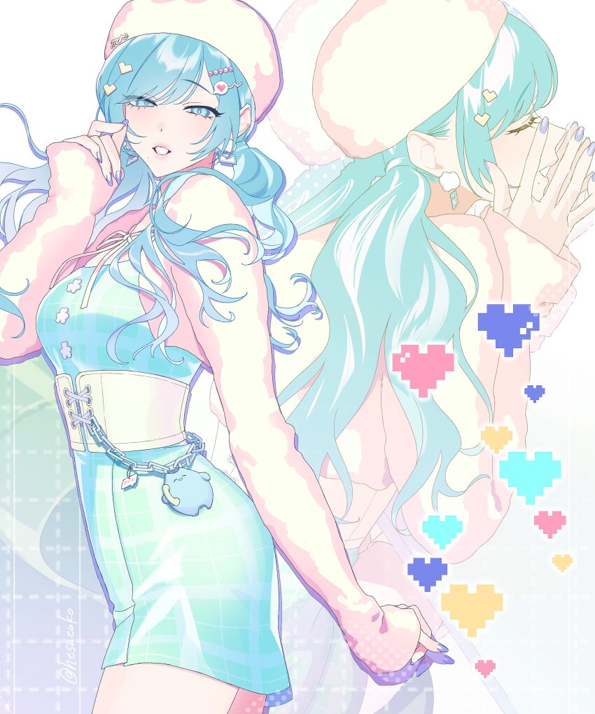 1girl :d absurdres aqua_dress arm_at_side blue_eyes blue_hair breasts chase_my_ideal_idol!_(project_sekai) closed_eyes commentary corset cowboy_shot cross-laced_clothes cross-laced_corset dress earrings envelope_earrings grin hair_ornament half-closed_eyes halftone hand_up hat heart heart_hair_ornament highres hinomori_shizuku jewelry long_hair long_sleeves looking_at_viewer low_twintails multiple_views nail_polish official_alternate_costume official_alternate_hairstyle open_mouth profile project_sekai purple_nails ribbon sa_tsuko shirt simple_background sleeveless sleeveless_dress sleeves_past_wrists small_breasts smile speech_bubble_hair_ornament standing swept_bangs symbol-only_commentary tight_clothes tight_dress twintails u_u white_background white_corset white_hat white_ribbon white_shirt zoom_layer