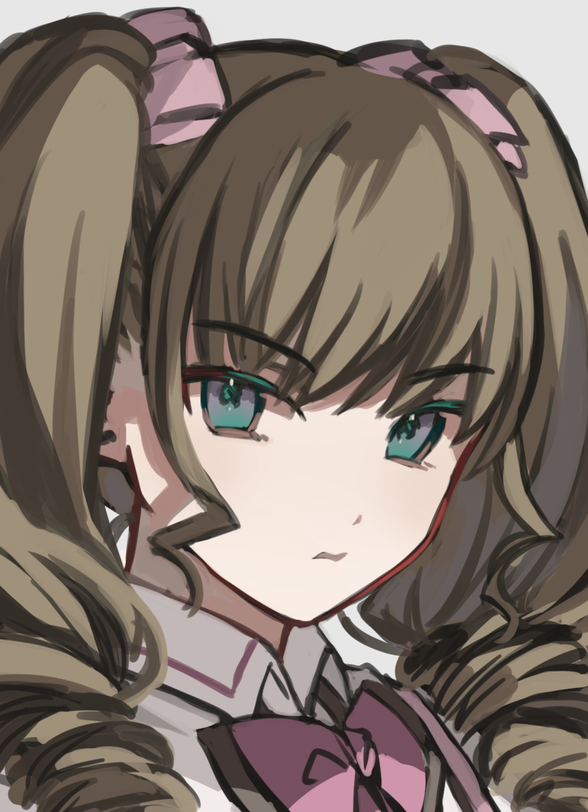1girl assault_lily bow bowtie brown_hair closed_mouth collared_shirt commentary drill_hair frown green_eyes grey_background hair_bow highres long_hair looking_at_viewer ludvico_private_girls&#039;_academy_school_uniform narumi_clara_yuuko pink_bow pink_bowtie portrait school_uniform shirt simple_background sketch solo tareko twin_drills twintails v-shaped_eyebrows white_shirt