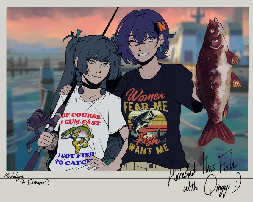 2girls :3 absurdres alternate_costume animal belle_(zenless_zone_zero) black_hair black_shirt blue_hair blurry blurry_background brown_shorts buoy closed_mouth collarbone commentary commission earrings english_commentary english_text fake_photograph fish fishing_rod game_screenshot_background grin hadalogic hair_ornament highres holding holding_animal holding_fish holding_fishing_rod jewelry letter_hair_ornament meme multiple_girls of_course_i_cum_fast_(meme) picture_frame pier print_shirt qingyi_(zenless_zone_zero) screenshot_background shirt short_sleeves shorts single_earring smile t-shirt twintails water white_shirt women_want_me_fish_fear_me_(meme) zenless_zone_zero