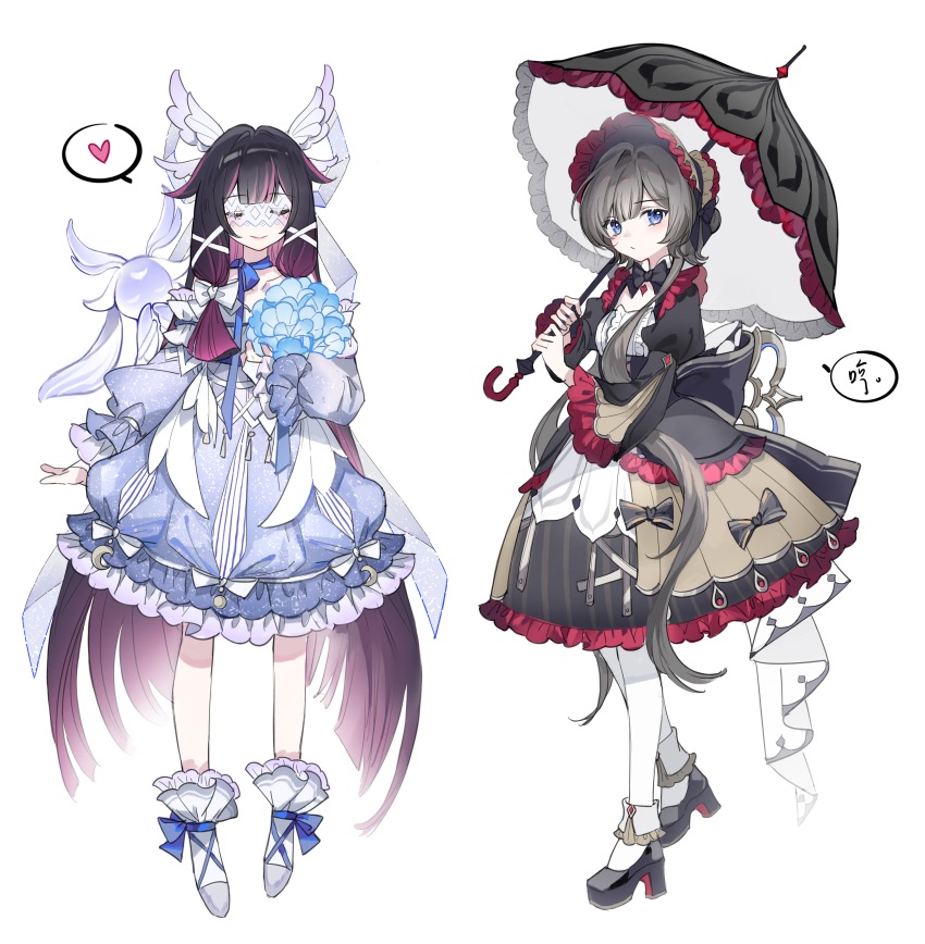 2girls absurdres alternate_costume black_dress black_hair blue_bow blue_dress blue_eyes blush bouquet bow brown_hair closed_eyes closed_mouth columbina_(genshin_impact) dress dress_bow eye_mask flower frilled_dress frilled_sleeves frilled_socks frills full_body genshin_impact goh3143704 hair_ornament head_wings heart high_heels highres holding holding_bouquet holding_umbrella juliet_sleeves lolita_fashion long_hair long_sleeves looking_at_viewer luonnotar_(genshin_impact) mask multicolored_hair multiple_girls pantyhose pink_hair puffy_sleeves purple_hair sandrone_(genshin_impact) simple_background smile socks speech_bubble spoken_heart standing streaked_hair umbrella very_long_hair white_background white_bow white_pantyhose white_socks winding_key wing_hair_ornament wings