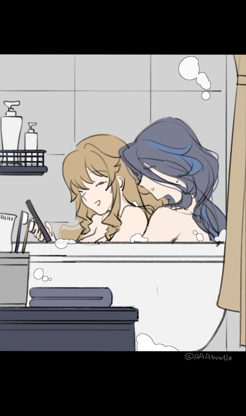aaaboutle bath bathing bathroom bathtub blonde_hair blue_hair cellphone clorinde_(genshin_impact) closed_eyes commentary genshin_impact highres holding holding_phone indoors letterboxed long_hair multicolored_hair navia_(genshin_impact) nude open_mouth phone purple_hair same-sex_bathing shared_bathing smartphone smile soap_bubbles streaked_hair symbol-only_commentary toothbrush yuri