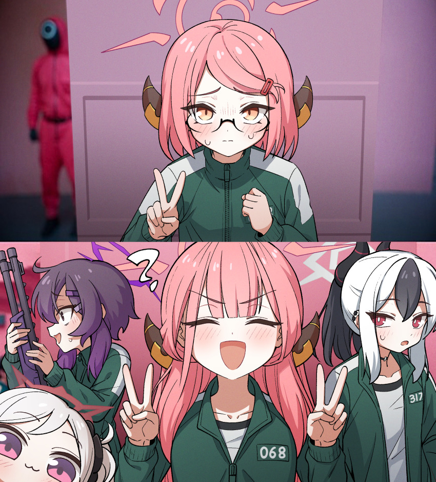 4girls :3 ^_^ absurdres aged_down aru_(blue_archive) black_hair black_horns blue_archive child closed_eyes commentary_request double_v glasses golmonggu gun halo haruka_(blue_archive) highres holding holding_gun holding_weapon horns kayoko_(blue_archive) korean_commentary meme multicolored_hair multiple_girls mutsuki_(blue_archive) pink_hair pink_halo problem_solver_68_(blue_archive) short_hair shotgun squid_game squid_game two-tone_hair v weapon white_hair year_1_&amp;_year_2_(squid_game)_(meme) yellow_eyes