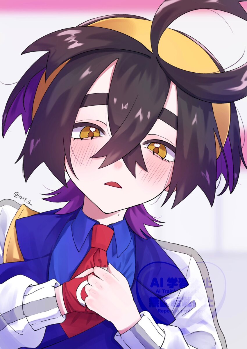 1boy black_hair blue_shirt blush collared_shirt colored_inner_hair commentary crossed_bangs gloves hair_between_eyes hairband highres jacket kieran_(pokemon) male_focus mole mole_on_neck multicolored_hair na8_8n necktie nintendo open_mouth partially_fingerless_gloves pokemon pokemon_sv red_gloves red_necktie shirt single_glove solo twitter_username upper_body white_jacket yellow_eyes yellow_hairband