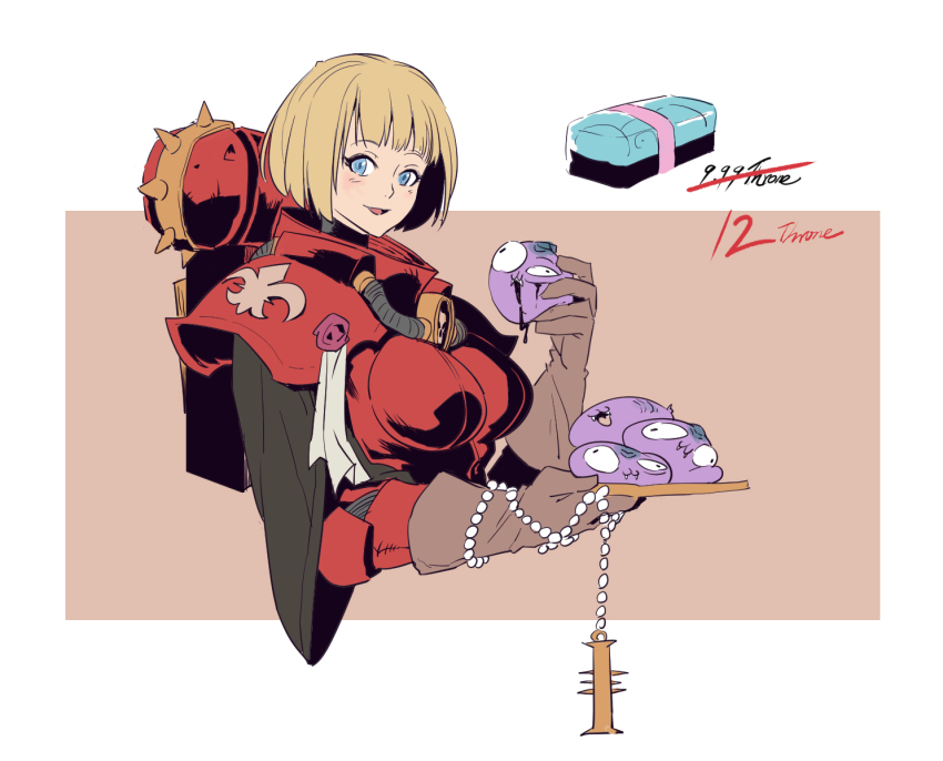 1girl adepta_sororitas armor blonde_hair blue_eyes bob_cut food gloves looking_at_viewer power_armor purity_seal rmulderz rosary solo sushi warhammer_40k
