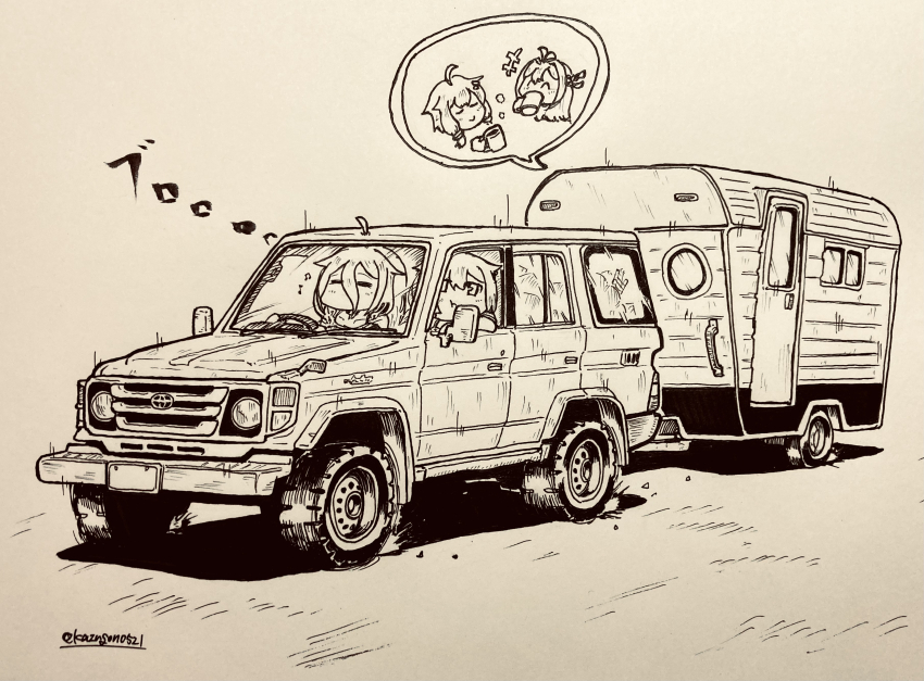 4girls absurdres ahoge camper camper_trailer car cevio closed_eyes commentary cup datsan driving hair_between_eyes hair_flaps highres holding holding_cup ia_(vocaloid) marker_(medium) monochrome motor_vehicle mug multiple_girls one_(cevio) recreational_vehicle sports_utility_vehicle traditional_media trailer tsurumaki_maki twitter_username vocaloid voiceroid yuzuki_yukari