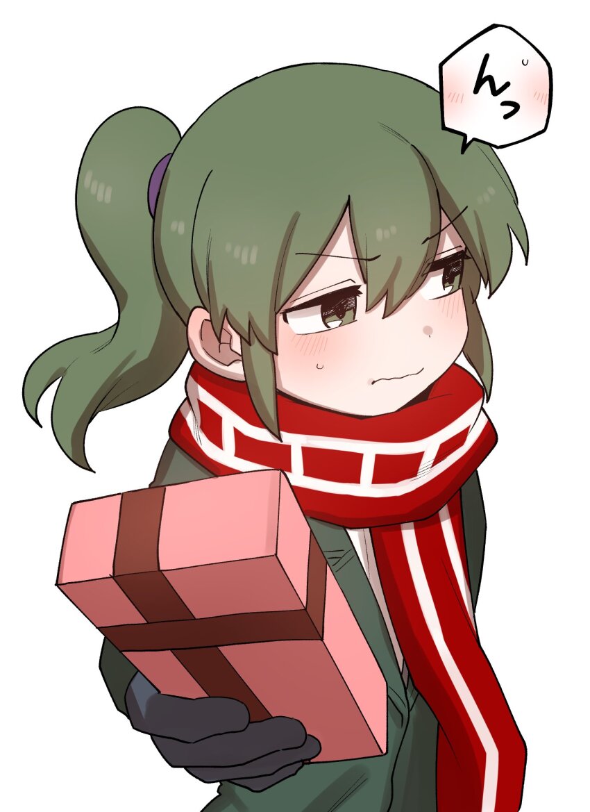 1girl averting_eyes black_gloves box box_of_chocolates formal_clothes gift gloves green_eyes green_hair green_suit hair_between_eyes highres holding holding_gift igarashi_futaba light_blush long_hair ponytail red_scarf scarf senpai_ga_uzai_kouhai_no_hanashi shiromanta sidelocks simple_background solo speech_bubble suit sweatdrop valentine wavy_hair white_background
