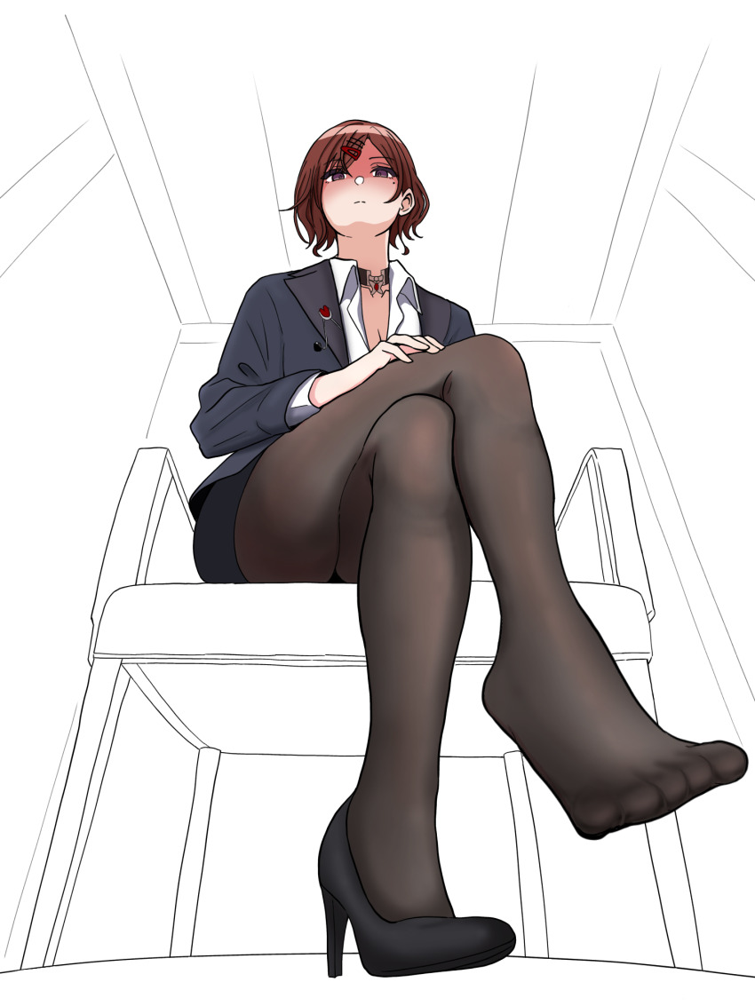 1girl black_jacket black_pantyhose black_shoes black_skirt blazer breasts brown_hair cleavage commentary_request crossed_legs expressionless from_below high_heels highres higuchi_madoka hondy_(user_gcxa2842) idolmaster idolmaster_shiny_colors jacket looking_at_viewer mahjong_soul miniskirt mole mole_under_eye open_collar pantyhose partially_colored pencil_skirt shaded_face shirt shoes short_hair single_shoe sitting skirt solo toes white_shirt