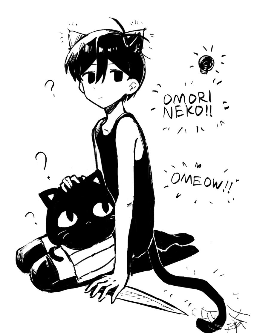1boy ? animal animal_ears animal_on_lap antenna_hair arm_support bare_arms bare_shoulders cat cat_boy cat_ears cat_on_lap cat_tail chinese_commentary closed_mouth collarbone commentary_request double-parted_bangs empty_eyes expressionless full_body greyscale hair_behind_ear hair_between_eyes high_contrast highres holding holding_knife hrsw_mz kemonomimi_mode knife light_bulb looking_at_viewer male_focus mewo monochrome no_pupils no_shoes omori omori_(omori) on_lap over-kneehighs seiza short_hair shorts sideways_glance simple_background sitting solo striped_clothes striped_shorts tail thighhighs vertical-striped_clothes vertical-striped_shorts very_short_hair white_background