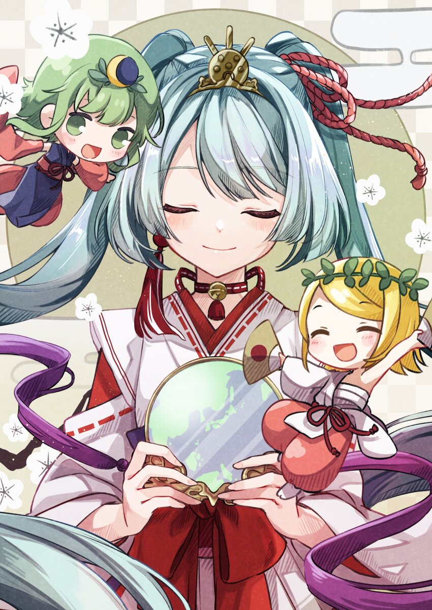 3girls absurdres blonde_hair blue_hair closed_eyes earrings green_eyes green_hair gumi hand_fan hatsune_miku head_wreath highres holding holding_fan japanese_clothes jewelry kagamine_rin kami_no_manimani_(vocaloid) long_hair multiple_girls nagitofuu short_hair single_earring smile swept_bangs tassel tassel_earrings twintails very_long_hair vocaloid