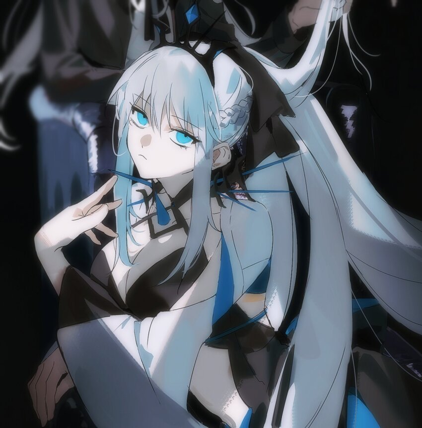1girl black_bow black_dress blue_eyes bow braid dress fate/grand_order fate_(series) hair_between_eyes hair_bow half_up_braid highres long_hair long_sleeves looking_at_viewer morgan_le_fay_(fate) morgan_le_fay_(third_ascension)_(fate) ponytail solo spikes ss_un17 tiara white_hair