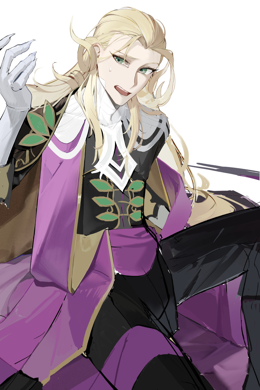 1boy absurdres arm_support black_cape black_jacket blonde_hair cape elbow_gloves fate/grand_order fate_(series) fingernails gloves green_eyes hand_up highres jacket knee_up long_hair long_sleeves looking_at_viewer male_focus open_mouth sharp_fingernails simple_background sitting solo sweat two-sided_cape two-sided_fabric very_long_hair white_background white_gloves wolfgang_amadeus_mozart_(fate) yellow_cape yukkuri_(fumoyun)