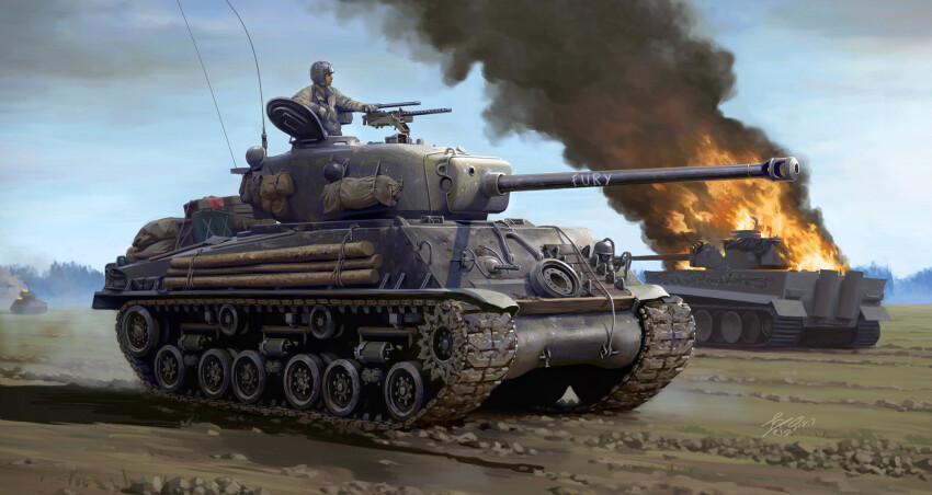 1boy browning_m1919 burning cannon caterpillar_tracks character_name cloud cmd_don_wardaddy_collier commentary damaged dirty english_commentary english_text fake_screenshot fire fury_(movie) germany gun helmet highres jacket jeffholy log m4_sherman machine_gun military_vehicle motor_vehicle mud radio_antenna realistic smoke soldier spoilers tank tiger_i turret weapon wood world_war_ii wreckage