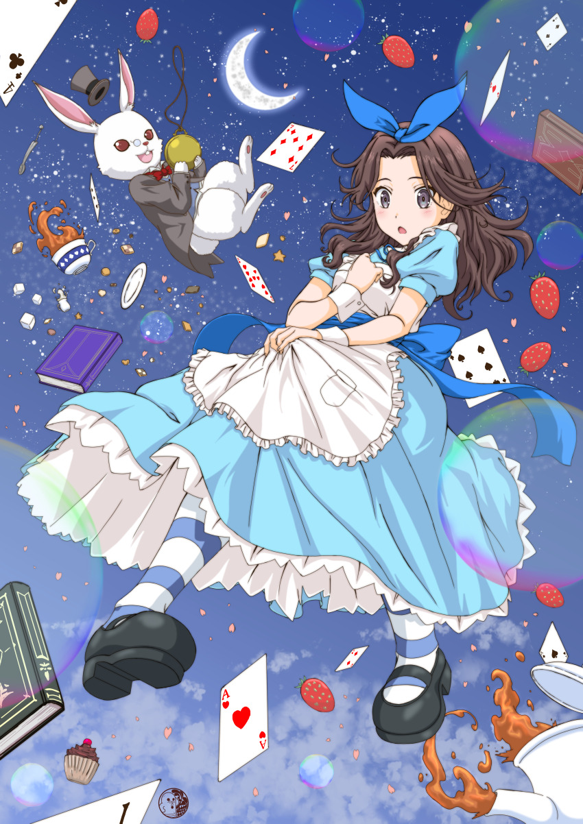 1girl 22/7 :o absurdres ace_(playing_card) ace_of_hearts ace_of_spades alice_(alice_in_wonderland) alice_(alice_in_wonderland)_(cosplay) apron black_footwear black_hair blue_bow blue_dress book bow bubble cake card chocolate_cake cookie cosplay cup dress falling_petals floating food four_of_clubs frilled_dress frills fruit grey_eyes hair_bow hair_intakes hand_on_own_chest heart highres holding holding_pocket_watch long_hair milk minaduki4989 moon nine_of_hearts open_mouth orihara_sumika parted_bangs petals pink_petals playing_card pocket_watch puffy_short_sleeves puffy_sleeves saucer seven_of_diamonds short_sleeves six_of_spades skirt_hold sky solo spade_(shape) spoon star_(sky) starry_sky strawberry striped_clothes striped_thighhighs surprised sweets tea teacup teapot thighhighs two_of_diamonds two_of_spades watch wavy_hair white_apron white_rabbit_(alice_in_wonderland) wrist_cuffs