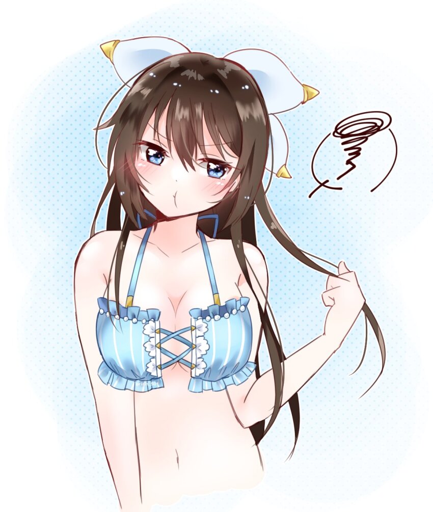 1girl bad_id bad_twitter_id bikini blue_background blue_bikini blue_eyes blush bow breasts brown_hair cleavage cropped_torso frilled_bikini frills hair_between_eyes hair_bow hand_up highres long_hair love_live! love_live!_nijigasaki_high_school_idol_club medium_breasts navel osaka_shizuku osaka_shizuku_(i_cannot_afford_to_slip_here!) polka_dot polka_dot_background pout ririn_(ririn_501) sideways_glance solo squiggle striped_bikini striped_clothes swimsuit upper_body upset v-shaped_eyebrows vertical-striped_bikini vertical-striped_clothes white_bow