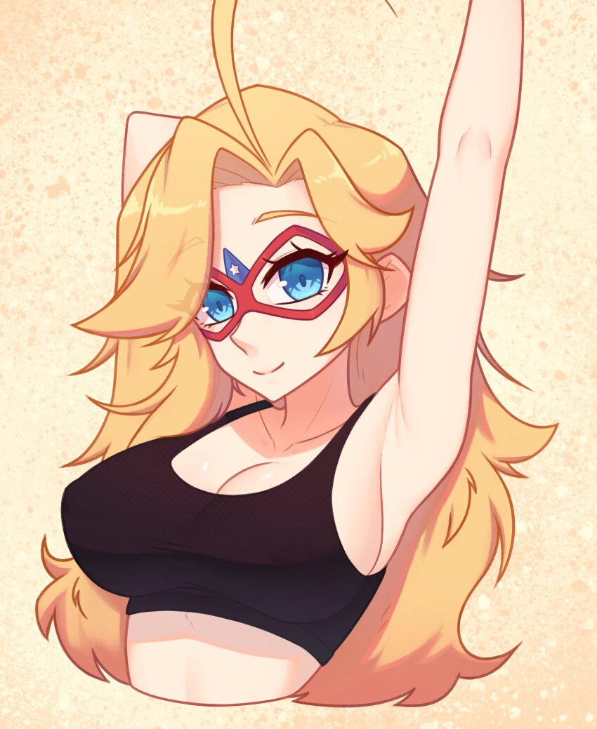 1girl ahoge armpits black_shirt blonde_hair blue_eyes breasts cleavage closed_mouth collarbone commentary crop_top cropped_torso english_commentary highres kamen_america kamen_america_(comic) long_hair looking_at_viewer shirt smile solo split_mouth stretching xyronii yellow_background