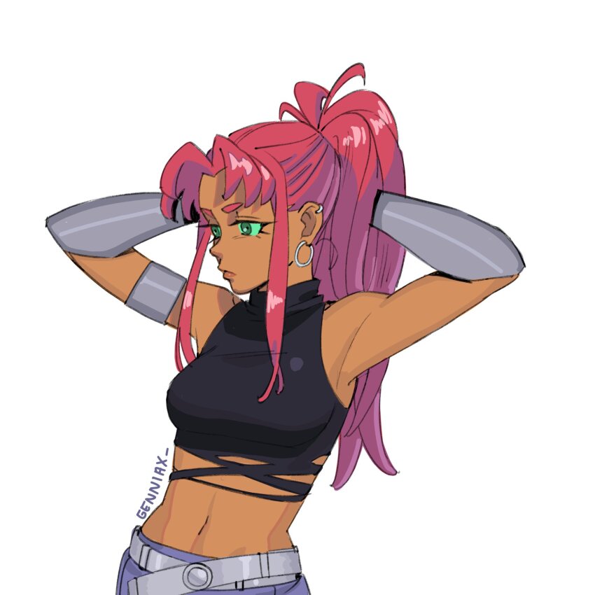 1girl alternate_costume alternate_hairstyle arms_behind_head colored_sclera commentary crop_top dc_comics ear_piercing earrings frown genniax green_eyes green_sclera hands_in_hair highres hoop_earrings jewelry midriff navel piercing red_hair sidelocks signature solo starfire teen_titans teen_titans_(tv_series) turtleneck upper_body