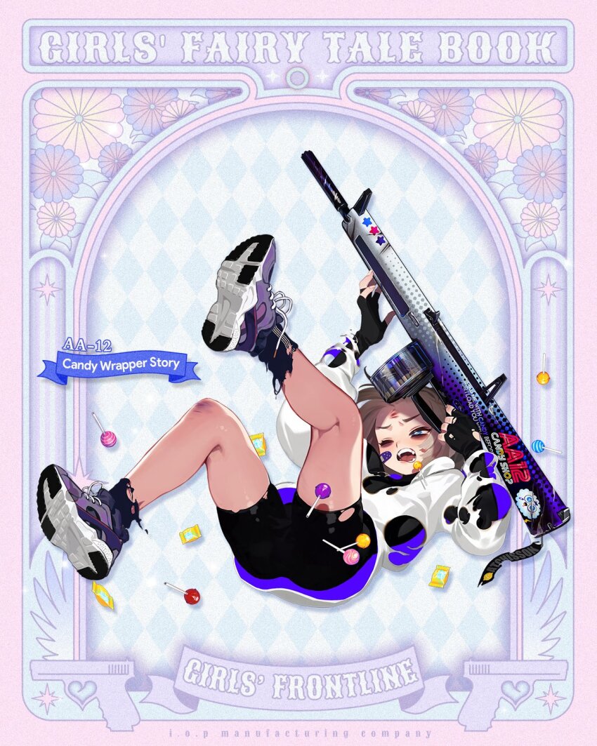 1girl aa-12 aa-12_(candy_wrapper_story)_(girls&#039;_frontline) aa-12_(girls&#039;_frontline) aged_down ahoge ammunition automatic_shotgun bags_under_eyes bandaid bandaid_on_face bike_shorts black_gloves black_shirt black_shorts black_socks blue_eyes blush bruise bruise_on_face bruise_on_knee candy character_name combat_shotgun commentary copyright_name drum_magazine english_commentary english_text fallen_down fingerless_gloves food full_body girls&#039;_frontline gloves gun gun_decal high-capacity_magazine highres holding holding_gun holding_weapon hood hood_down hoodie injury legs_up light_brown_hair lollipop long_sleeves lying magazine_(weapon) medium_hair official_alternate_costume official_art on_back one_eye_closed open_mouth purple_shoes second-party_source see-through_clothes shirt shoe_soles shoes shorts shotgun shotgun_shell silverwing sneakers socks solo star_(symbol) striped_clothes striped_socks teeth torn_clothes torn_hoodie torn_shorts torn_socks translucent turtleneck turtleneck_shirt two-sided_hoodie v-shaped_eyebrows vertical-striped_clothes vertical-striped_socks weapon white_hoodie wrapped_candy