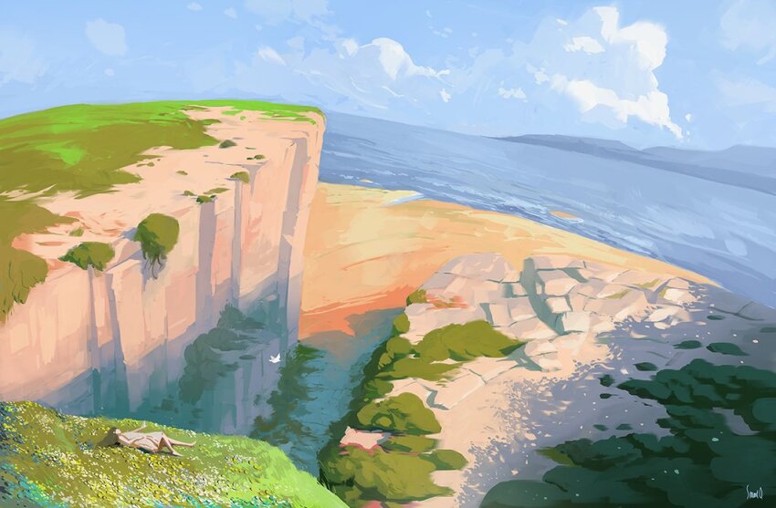 beach blue_sky cliff cloud cloudy_sky day dress lying mountainous_horizon on_back original scenery shore sky slow_d sundress water