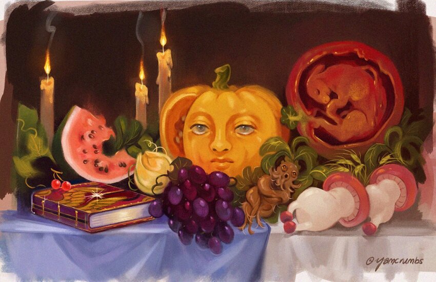 barometz book candle cherry dungeon_meshi food food_focus fruit grapes jack_o&#039;_lantern_(dungeon_meshi) mandragora painterly signature snail_soup still_life walking_mushroom_(dungeon_meshi) watermelon