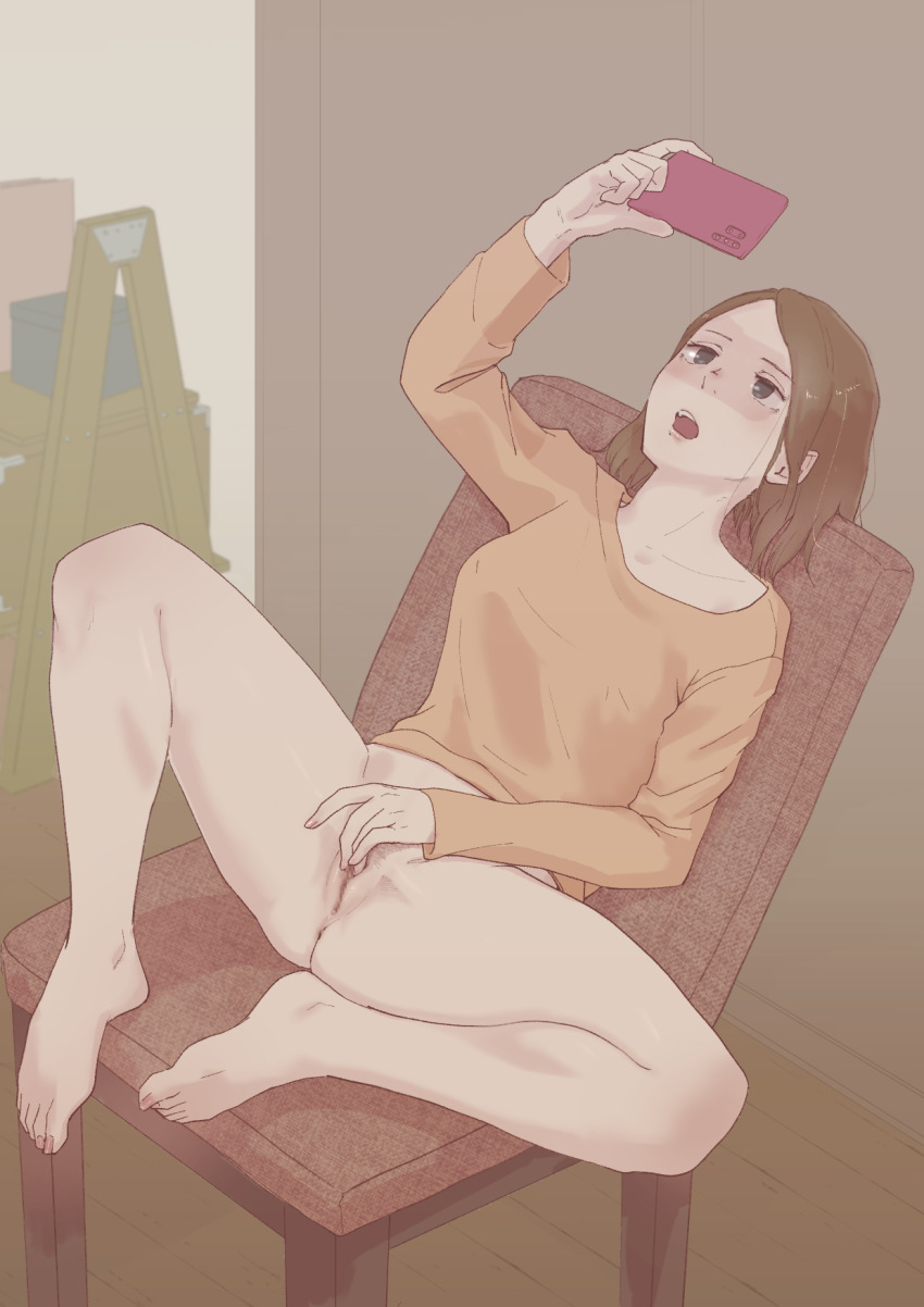 1girl anus barefoot bottomless brown_hair cellphone censored chair cleft_of_venus clitoral_stimulation easel feet female_focus female_masturbation female_pubic_hair highres holding holding_phone implied_pornography looking_at_phone masturbation medium_hair mosaic_censoring open_mouth original phone pubic_hair pussy shimokori short_hair sitting smartphone solo spread_legs toes