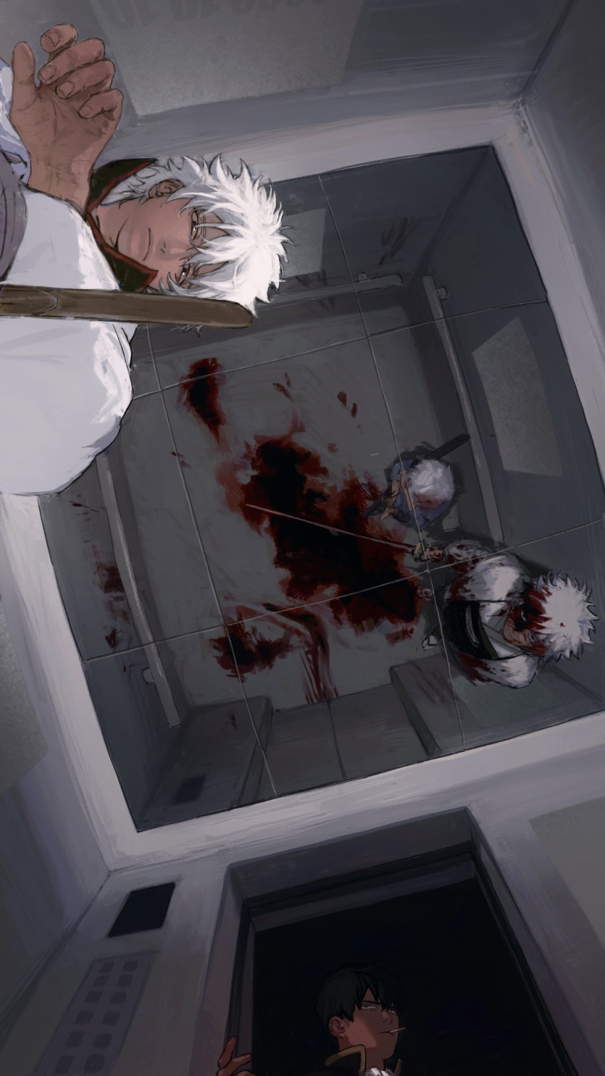 blood blood_on_clothes blood_on_face blood_splatter cigarette different_reflection elevator from_below gintama highres hijikata_toushirou holding holding_sword holding_weapon japanese_clothes kimono looking_at_viewer male_focus multiple_persona reflection sakata_gintoki sandals short_hair smoking standing sword tsuru3 weapon white_hair white_kimono wooden_sword
