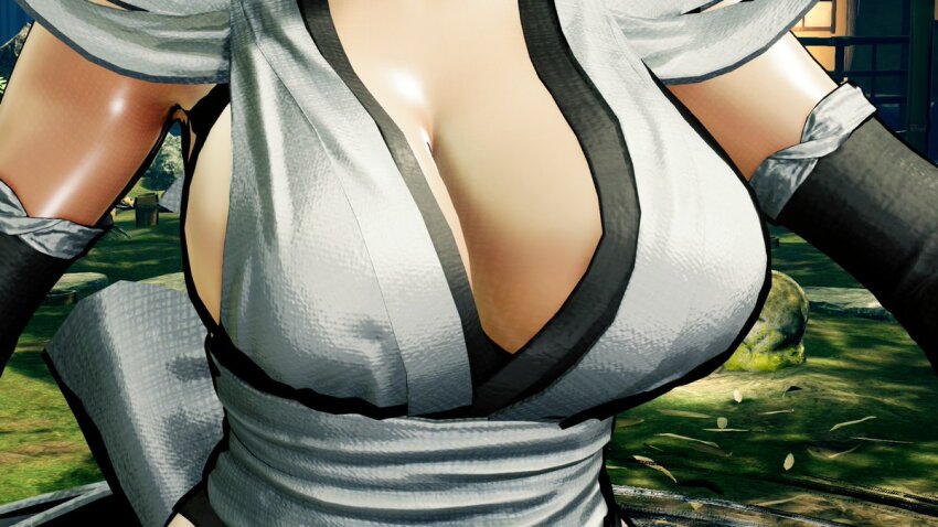 1girl 3d apron black_hair breast_focus breasts cleavage forest iroha_(samurai_spirits) large_breasts leotard leotard_under_clothes maid maid_headdress nature ryona samurai_spirits screencap short_hair solo third-party_edit