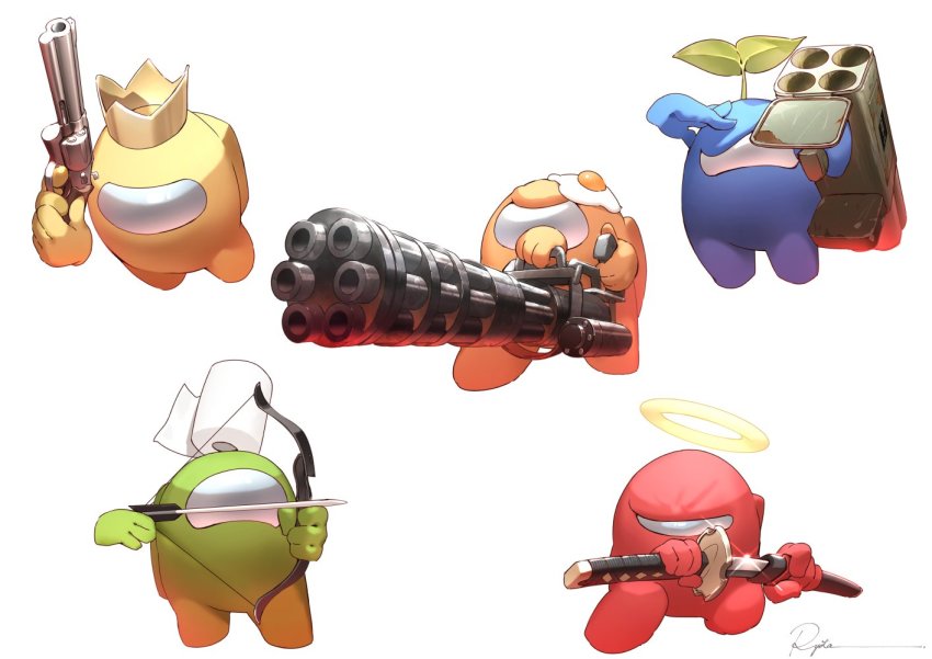 5others among_us arrow_(projectile) blue_(among_us) bow_(weapon) crewmate_(among_us) crown disembodied_hand egg_(food) food food_on_head fried_egg green_(among_us) gun halo holding holding_gun holding_weapon leaf m202_flash multiple_others multishot_rocket_launcher no_humans object_on_head orange_(among_us) plant rayman_limbs red_(among_us) rocket_launcher ryota_(ry_o_ta) simple_background sword toilet_paper weapon white_background yellow_(among_us)