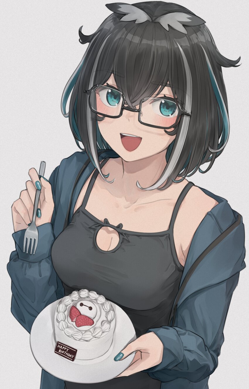 1girl absurdres alternate_costume animare atsushima baymax big_hero_6 black-framed_eyewear black_camisole black_hair blue_hair blue_jacket blue_nails blush breasts cake camisole cleavage commentary_request fingernails food fork glasses grey_background grey_hair grey_wings hair_between_eyes head_wings highres holding holding_fork holding_plate jacket looking_at_viewer medium_breasts multicolored_hair nanashi_inc. open_clothes open_jacket open_mouth oura_rukako plate semi-rimless_eyewear short_hair simple_background smile solo streaked_hair under-rim_eyewear upper_body virtual_youtuber wings