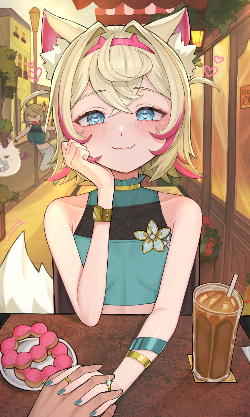 1other 2girls absurdres alternate_costume animal_ear_fluff animal_ears bare_shoulders blonde_hair blue_eyes blue_hair dating dog_ears dog_girl dog_tail drink fake_horns fang food fuwawa_abyssgard green_tank_top happy heart heart-shaped_pupils highres holding_hands hololive hololive_english horns jewelry light_blush long_hair midriff migokami mococo_abyssgard multicolored_hair multiple_girls perroccino_(fuwamoco) pov red_hair ring road short_hair smile street symbol-shaped_pupils table tail tank_top virtual_youtuber wedding_ring