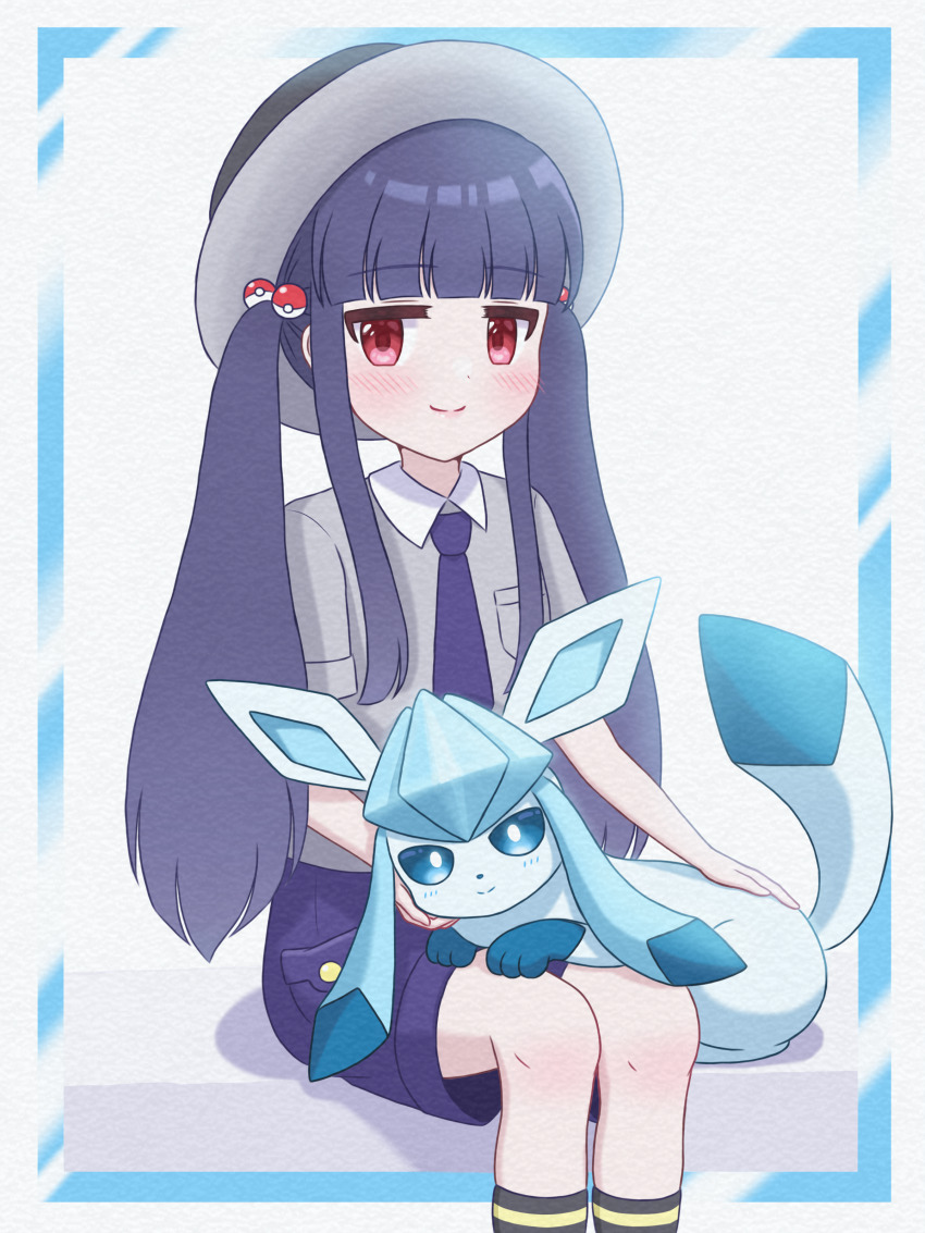 1girl absurdres aqua_border black_socks blue_eyes blue_fur border commentary feet_out_of_frame gen_4_pokemon glaceon gradient_border grey_hat grey_shirt hand_on_another&#039;s_back hand_on_another&#039;s_cheek hand_on_another&#039;s_face hat highres idolmaster idolmaster_cinderella_girls looking_at_viewer nagi_kai necktie nintendo on_lap outside_border poke_ball_hair_ornament pokemon pokemon_(creature) pokemon_on_lap pokemon_sv purple_hair purple_necktie purple_shorts red_eyes sajo_yukimi school_uniform shirt shorts sidelocks sitting smile socks twintails uva_academy_school_uniform