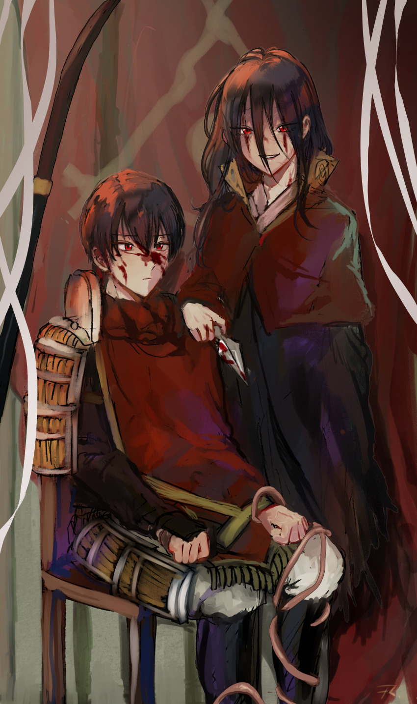 1boy 1girl absurdres ancestor_and_descendant arm_on_another&#039;s_shoulder armor arms_on_knees blood blood_on_face bloody_weapon chair cloak fumetsu_no_anata_e hair_between_eyes hayase_(fumetsu_no_anata_e) highres holding holding_kunai holding_weapon hood hooded_cloak japanese_armor kahaku_(fumetsu_no_anata_e) kunai long_hair looking_at_another messy_hair nokkers_(fumetsu_no_anata_e) on_chair red_cloak red_eyes reincarnation related short_hair shoulder_armor sitting smile veins veiny_face veiny_neck weapon woro_4