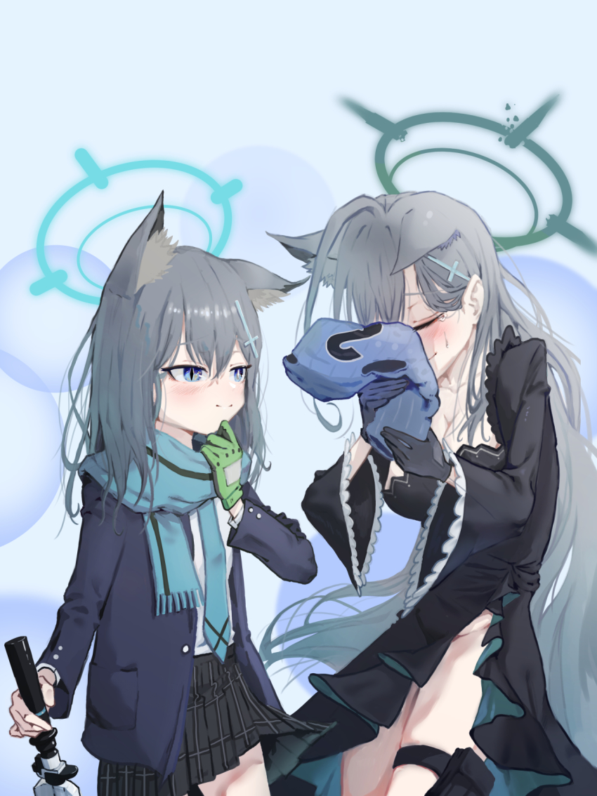 ahoge animal_ear_fluff animal_ears assault_rifle balaclava black_choker black_dress black_halo blue_archive blue_eyes blue_halo blue_scarf blush breasts broken_halo choker cleavage cross cross_hair_ornament dark_halo dress extra_ears gloves green_gloves grey_hair gun hair_between_eyes hair_ornament halo highres inverted_cross kongaru_123 large_breasts long_hair long_sleeves medium_hair mismatched_pupils rifle scarf shiroko_(blue_archive) shiroko_terror_(blue_archive) sig_sauer_556 simple_background weapon white_background wolf_ears wolf_girl