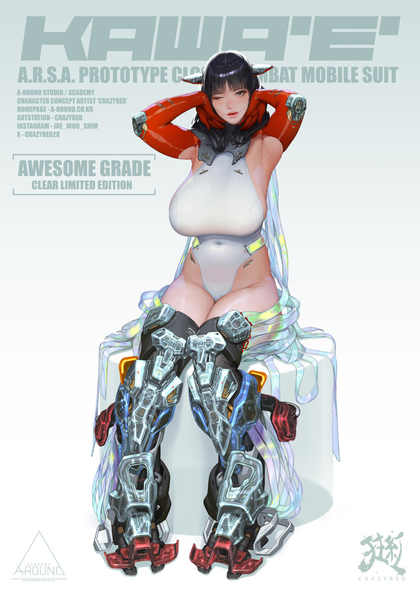 1girl absurdres animal_ears armored_boots armpits bare_hips black_hair blunt_bangs boots breasts character_name collar covered_navel crazyred fake_animal_ears gloves grey_eyes halter_leotard halterneck hands_on_own_face highleg highleg_leotard highres huge_breasts impossible_clothes impossible_leotard kawa&#039;e_(crazyred) latex leotard long_hair looking_at_viewer mechanical_ears mechanical_legs metal_collar mole mole_under_eye one_eye_closed original parted_lips red_gloves red_sleeves science_fiction sideboob signature sitting skin_tight skindentation solo strap thick_thighs thigh_boots thighs white_background white_leotard