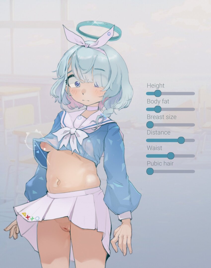 1girl absurdres arona_(blue_archive) attribute_slider blue_archive blue_eyes blue_hair blue_halo blue_serafuku bow_hairband braid breast_slider breasts choker hair_over_one_eye hairband halo hentaicat highres navel nipples one_breast_out pleated_skirt pussy sailor_collar school_uniform serafuku short_hair skirt small_breasts solo uncensored user_interface white_choker white_hairband white_sailor_collar white_skirt