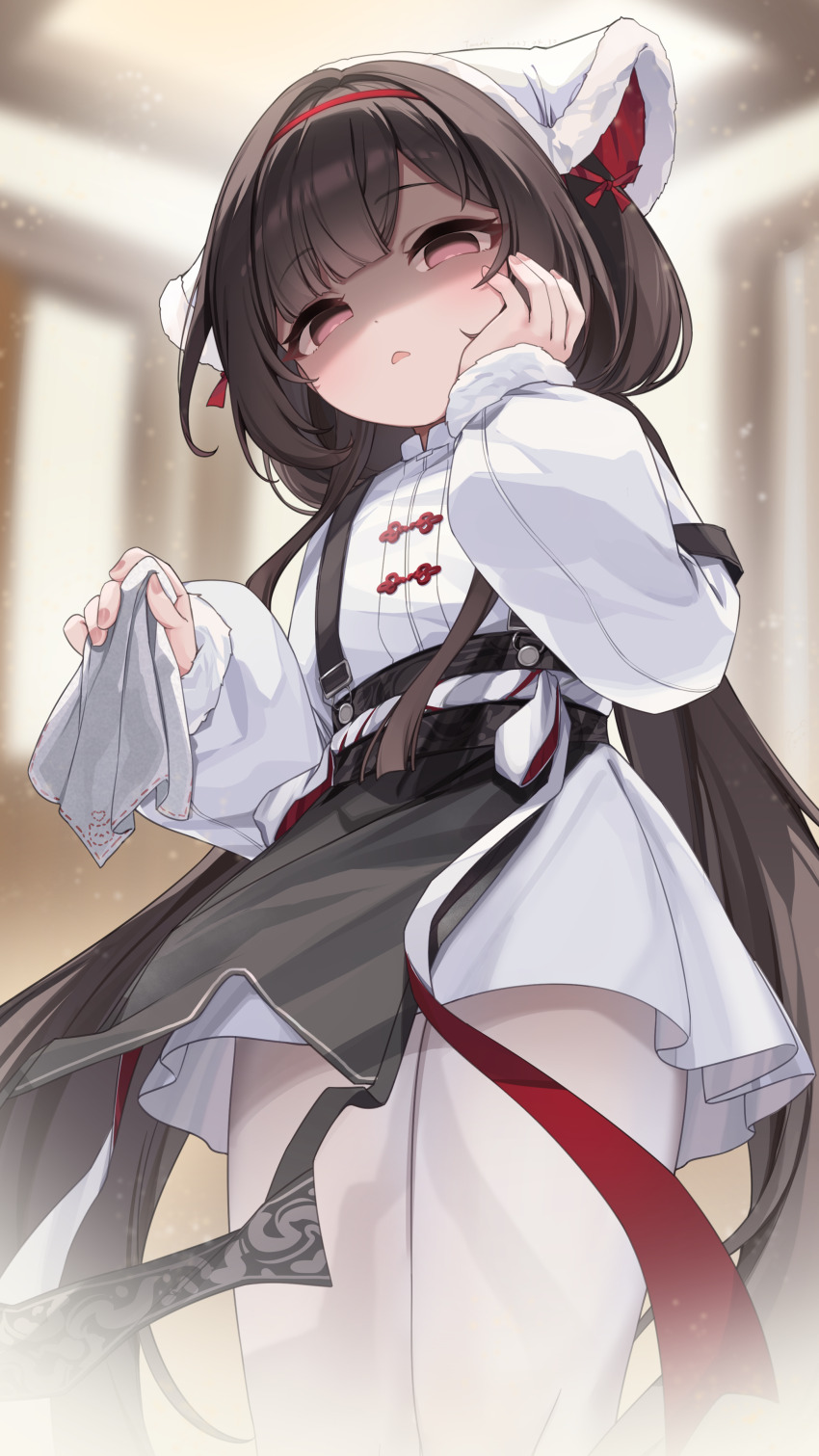 1girl absurdres apron azur_lane black_apron blurry blurry_background brown_hair chang_feng_(azur_lane) chang_feng_(cozy_spring_cleaning)_(azur_lane) chinese_commentary commentary_request dress empty_eyes fur-trimmed_sleeves fur_trim hairband hand_on_own_cheek hand_on_own_face highres holding holding_towel light_particles long_hair long_sleeves low_twintails official_alternate_costume open_mouth pantyhose pink_eyes puffy_long_sleeves puffy_sleeves red_hairband shaded_face solo tanoki233 towel twintails very_long_hair white_dress white_pantyhose