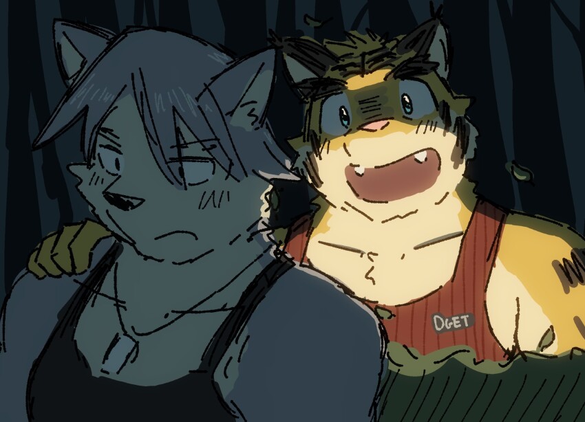 2boys animal_ears bara black_tank_top closed_mouth collarbone dog_boy dog_ears dog_nose dog_tags fangs flashlight furry furry_male grey_fur grey_hair hayahaya50 highres jewelry kouya_aotsuki looking_at_another looking_to_the_side male_focus morenatsu multiple_boys necklace open_mouth red_tank_top smile tank_top tiger_boy tiger_ears tiger_stripes torahiko_oshima yellow_fur
