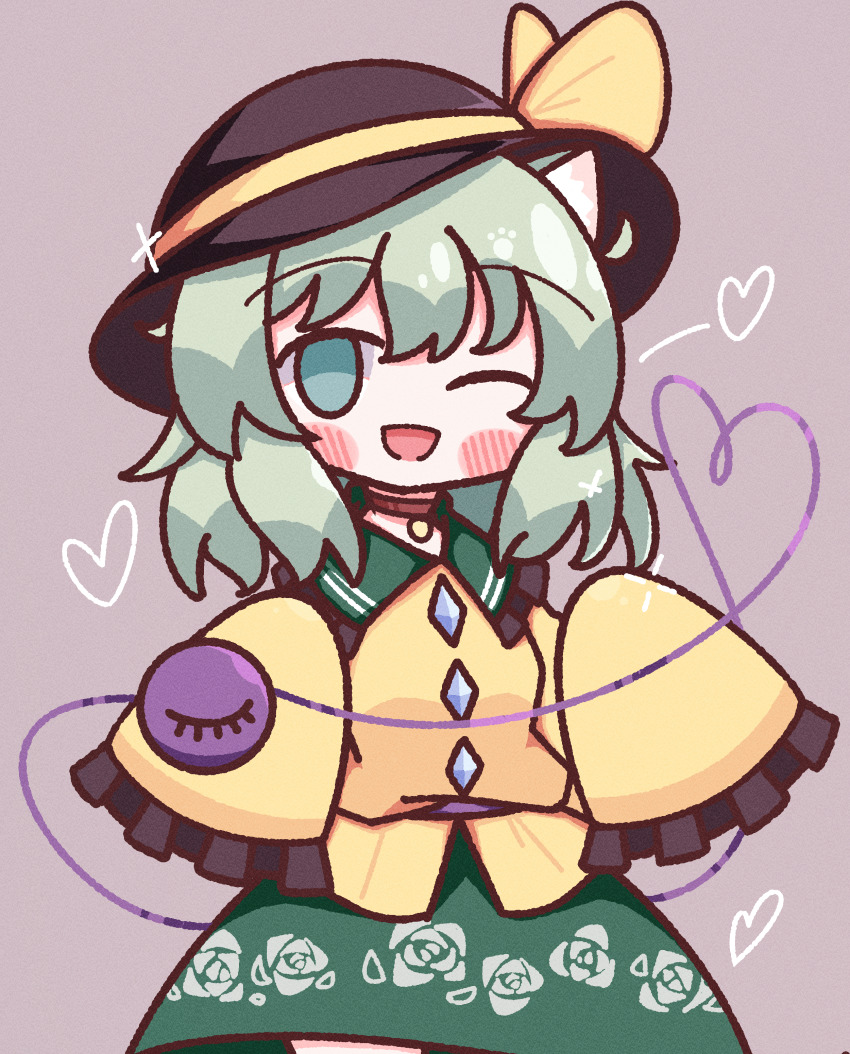 +++ 1girl ;d absurdres black_hat blush bow buttons choker diamond_button floral_print frilled_shirt_collar frilled_sleeves frills green_eyes green_hair green_skirt hair_between_eyes hat hat_bow heart heart_of_string highres komeiji_koishi light_green_hair long_sleeves looking_at_viewer medium_hair one_eye_closed open_mouth rose_print shirt simple_background skirt sleeves_past_fingers sleeves_past_wrists smile solo third_eye touhou waroemon yellow_bow yellow_shirt