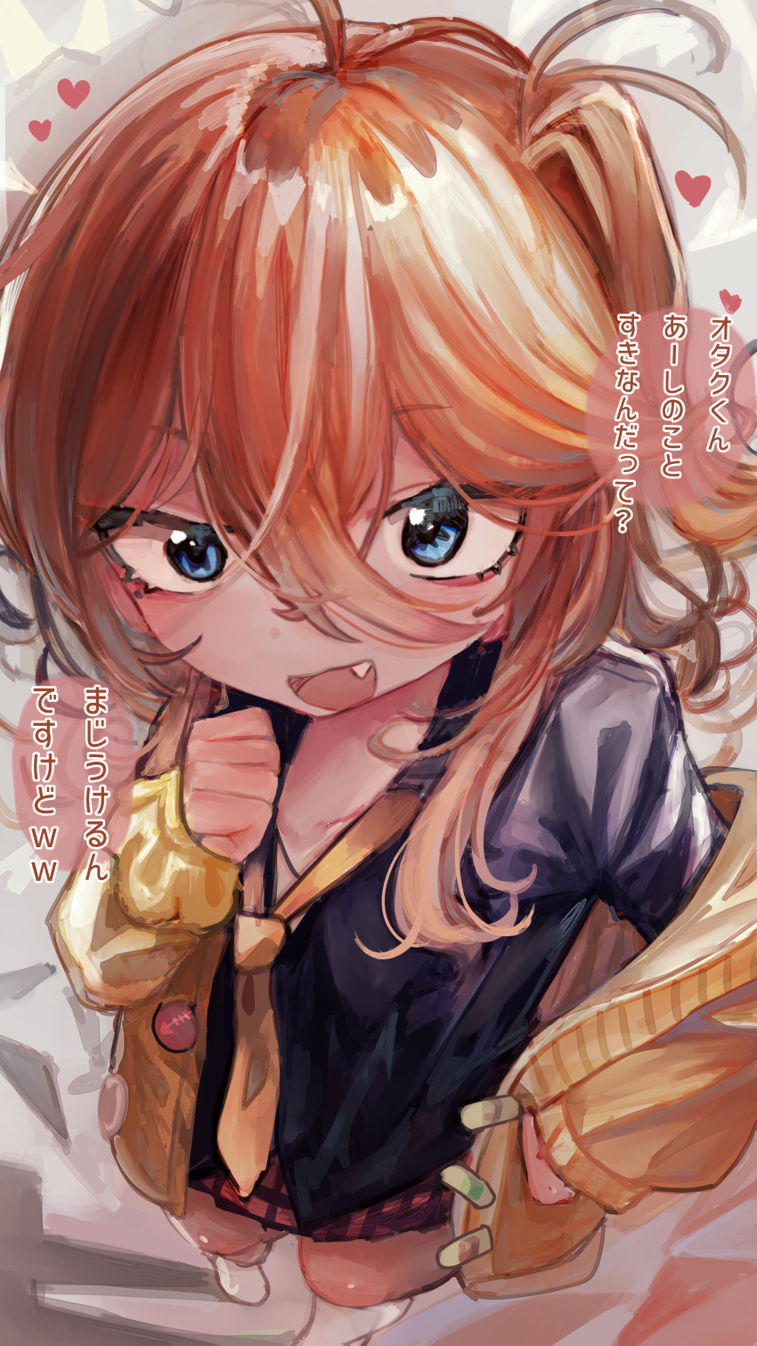 1girl absurdres bandaid black_shirt blonde_hair blue_eyes blush cardigan collared_shirt commentary_request fang full_body hair_between_eyes highres kasukabe_tsumugi large_variant_set long_bangs long_hair long_sleeves looking_at_viewer messy_hair microa miniskirt necktie one_side_up open_cardigan open_clothes open_mouth plaid_clothes plaid_skirt purple_skirt shirt skirt smile solo translation_request variant_set voicevox yellow_cardigan yellow_necktie