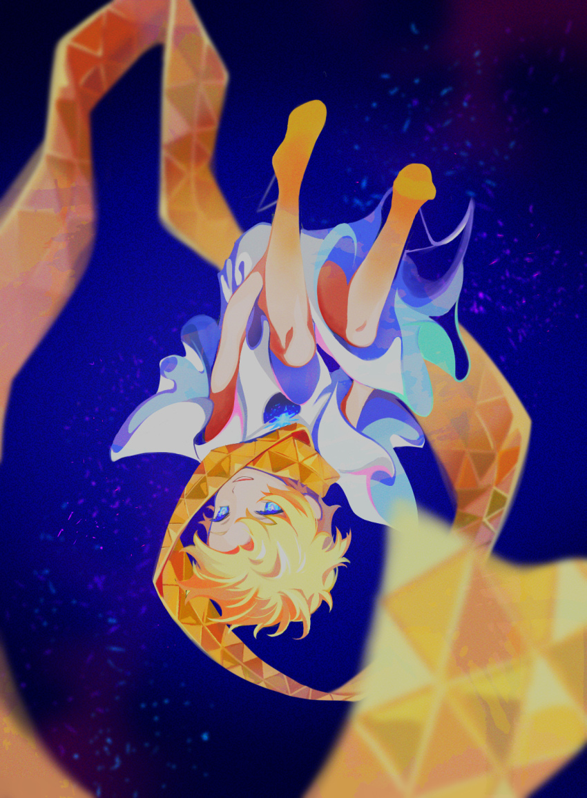 1boy barefoot blonde_hair blue_eyes colored_skin commentary fate_(series) highres ieiieiiei male_focus orange_skin outdoors parted_lips scarf sky solo space star_(sky) star_(symbol) starry_sky starry_sky_background tunic upside-down voyager_(fate) voyager_(first_ascension)_(fate) white_tunic yellow_scarf