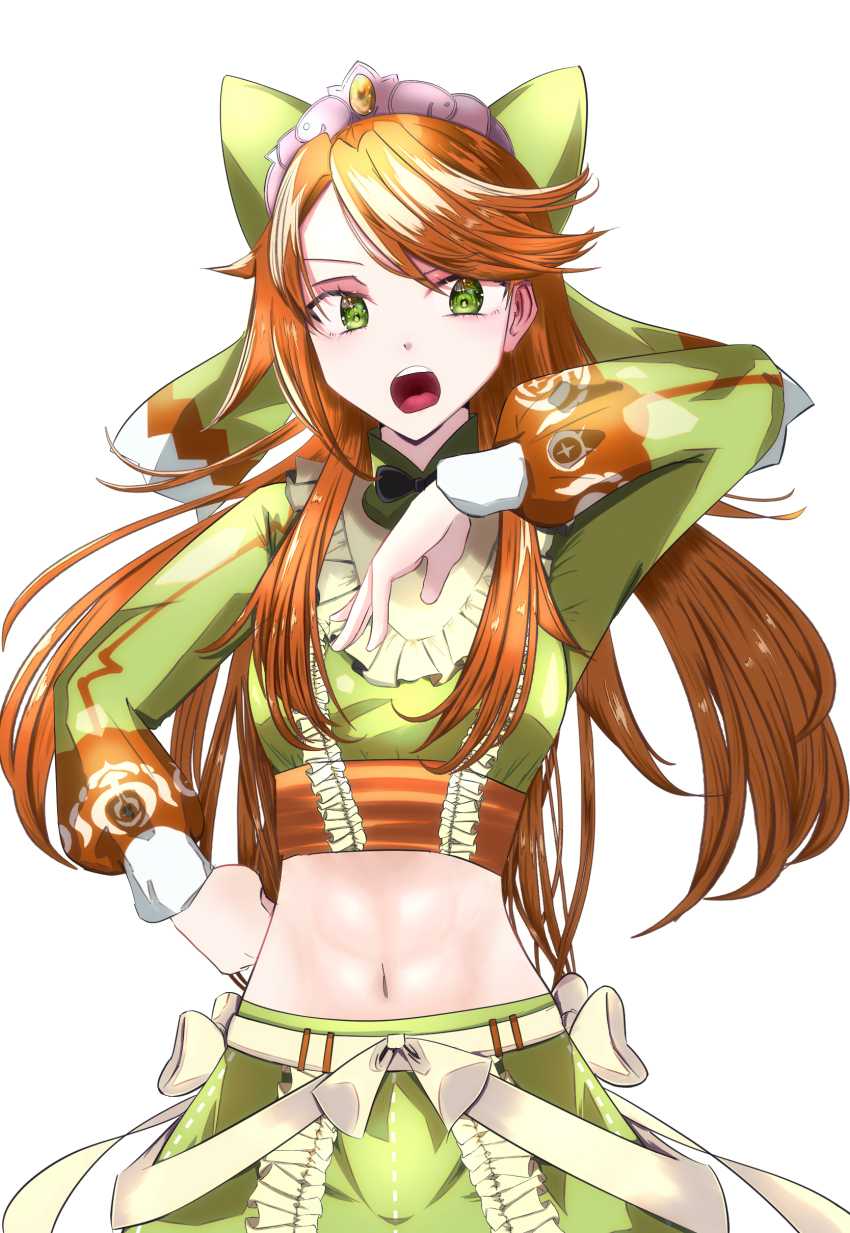 1girl abs absurdres black_bow black_bowtie bow bowtie breasts commentary_request cowboy_shot crop_top etie_(fire_emblem) fire_emblem fire_emblem_engage gem green_bow green_eyes green_shirt green_skirt hair_between_eyes hair_bow hand_on_own_hip hand_up highres long_hair long_sleeves looking_at_viewer medium_breasts midriff navel nintendo open_mouth orange_gemstone orange_hair partial_commentary shirt simple_background single_sidelock skirt solo standing swept_bangs teeth tiara ulu1010 upper_teeth_only white_background