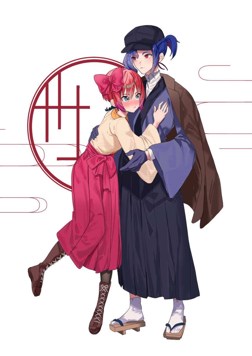 1boy 1girl absurdres amate_yuzuriha aqua_eyes black_hakama blue_hair blush gundam gundam_gquuuuuux hair_ornament hair_ribbon hakama hakama_skirt hat highres holding jacket jacket_on_shoulders japanese_clothes kimono long_sleeves multicolored_hair ponytail print_hakama purple_hair red_eyes red_hair ribbon satsuki_(popopomama_52) shirt short_hair shuji_ito skirt taishou two-tone_hair wide_sleeves yagasuri