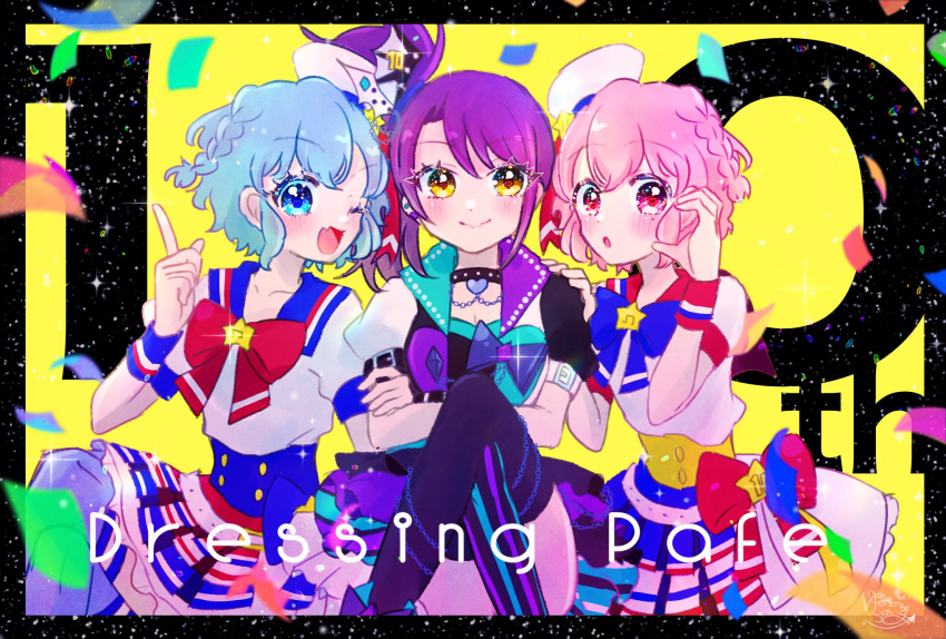 1boy 2girls ;d blue_eyes blue_hair braid brother_and_sister crossed_arms dorothy_west hand_on_another&#039;s_shoulder heart heart_hands highres idol_clothes long_hair looking_at_viewer mole mole_under_eye multiple_girls one_eye_closed open_mouth pink_eyes pink_hair pretty_series pripara purple_hair reona_west short_hair siblings side_braid side_ponytail smile toudou_shion trap twins yellow_eyes yumenocorona